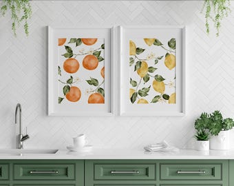 Watercolor Citrus Art Prints, Kitchen Wall Decor, Set of 2
