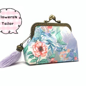 Handmade Purple Oriental Chinese Japanese Flower Floral Botanic Kiss Lock Clasp Change Coin Purse Pouch Wallet 画像 1