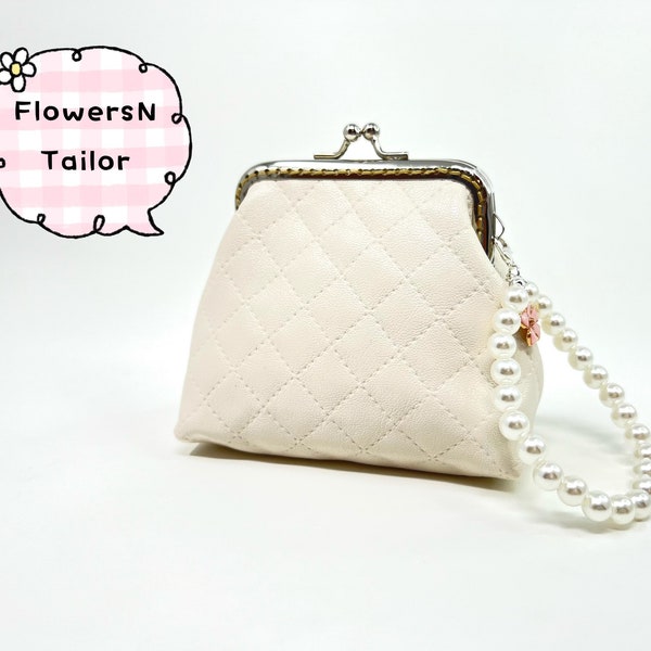 Handmade White Quilted Faux Leather Wedding Bridal Kiss Lock Clasp Change Coin Purse Pouch Wallet