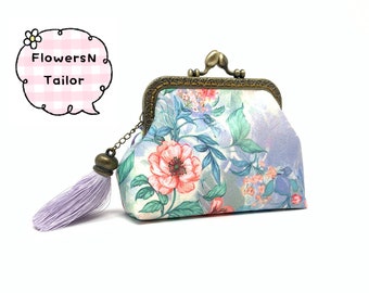 Handmade Purple Oriental Chinese Japanese Flower Floral Botanic Kiss Lock Clasp Change Coin Purse Pouch Wallet