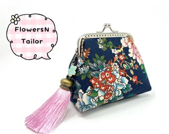 Handmade Blue Oriental Chinese Japanese Flower Floral Botanic Kiss Lock Clasp Change Coin Purse Pouch Wallet