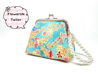 Handmade Blue Oriental Chinese Japanese Flower Floral Botanic Butterfly Kiss Lock Clasp Change Coin Purse Pouch Wallet