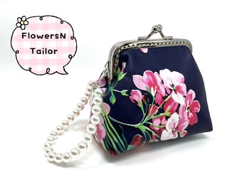 Handmade Blue Faux Leather Flower Floral Botanic Printed Kiss Lock Clasp Change Coin Purse Pouch Wallet