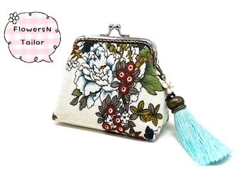 Handmade White Oriental Chinese Japanese Flower Floral Botanic Kiss Lock Clasp Change Coin Purse Pouch Wallet