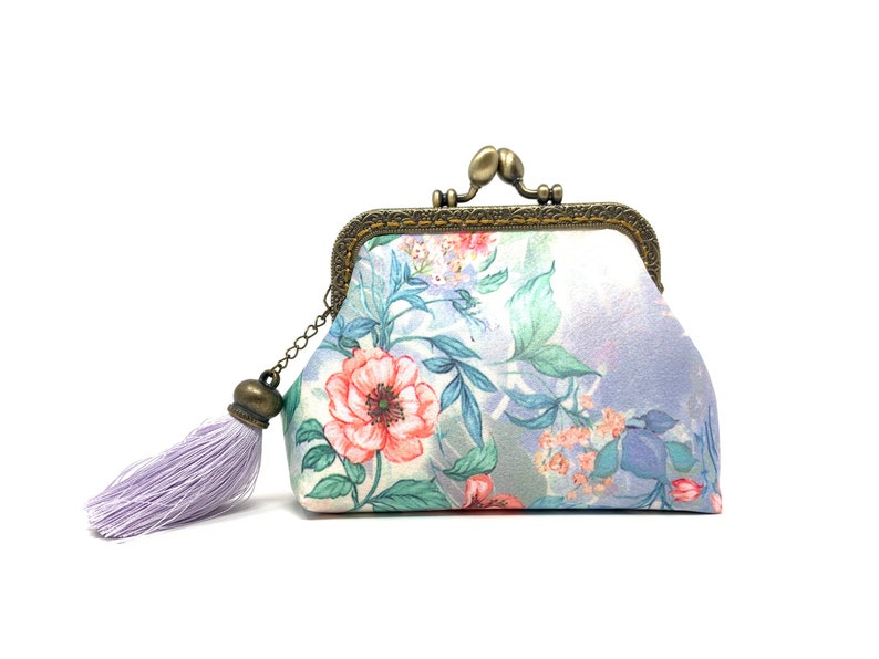 Handmade Purple Oriental Chinese Japanese Flower Floral Botanic Kiss Lock Clasp Change Coin Purse Pouch Wallet 画像 3