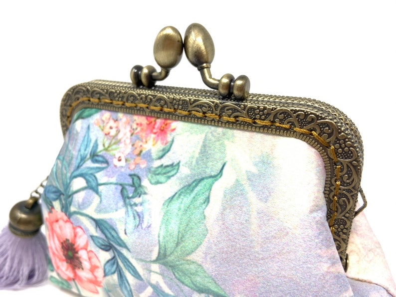 Handmade Purple Oriental Chinese Japanese Flower Floral Botanic Kiss Lock Clasp Change Coin Purse Pouch Wallet 画像 2