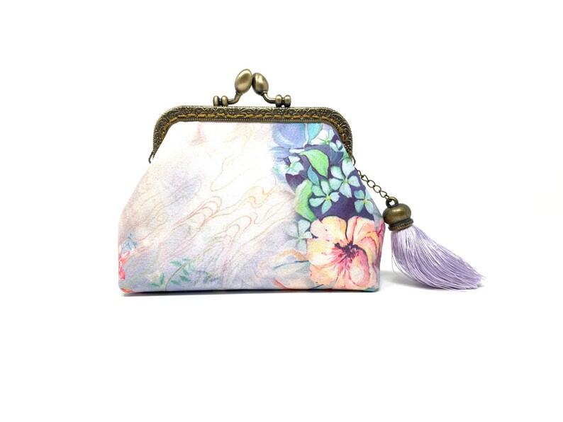 Handmade Purple Oriental Chinese Japanese Flower Floral Botanic Kiss Lock Clasp Change Coin Purse Pouch Wallet 画像 5