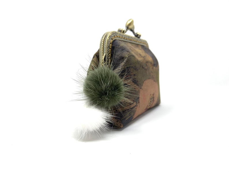 Handmade Green Brown Oriental Japanese Lotus Flower Floral Botanic Printed Kiss Lock Clasp Change Coin Purse Pouch