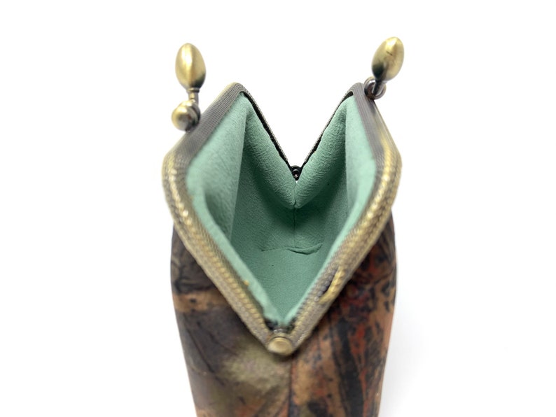 Handmade Green Brown Oriental Japanese Lotus Flower Floral Botanic Printed Kiss Lock Clasp Change Coin Purse Pouch