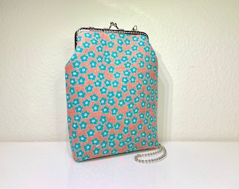 Handmade Blue Pink Flower Floral Botanic Kiss Lock Clasp Shoulder Crossbody Bag