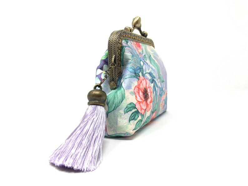 Handmade Purple Oriental Chinese Japanese Flower Floral Botanic Kiss Lock Clasp Change Coin Purse Pouch Wallet 画像 4