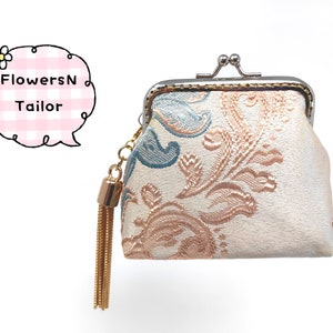 Hecho a mano oriental chino japonés beige azul bordado flor floral beso bloqueo cierre cambio monedero bolsa cartera