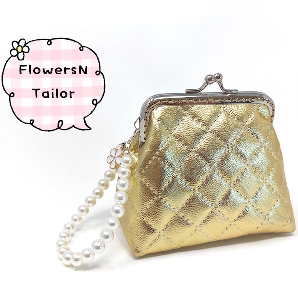 Handmade Gold Quilted Faux Leather Prom Bachelorette Kiss Lock Clasp Change Coin Purse Pouch Wallet