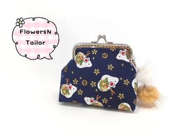 Handmade Blue Gold Oriental Chinese Japanese Lucky Fortune Mouse Sakura Flower Floral Botanic Kiss Lock Clasp Change Coin Purse Pouch Wallet