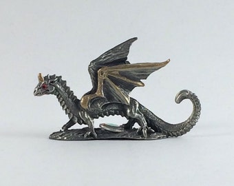Pewter Young Dragon with Red Crystal Eyes and a Marquise Crystal