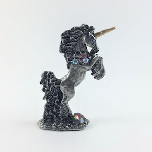 Tall Pewter Unicorn with Golden Horn and Colorful Crystals
