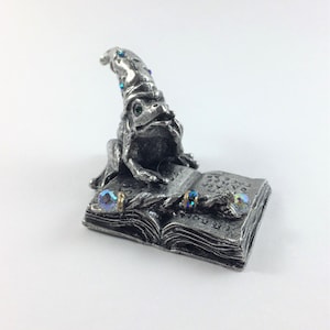 Pewter Wizard Frog on Book of Magic Accented with CrystalsL
