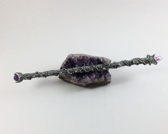 Pewter Celestial Star Wand - Genuine Purple Amethyst & Crystals