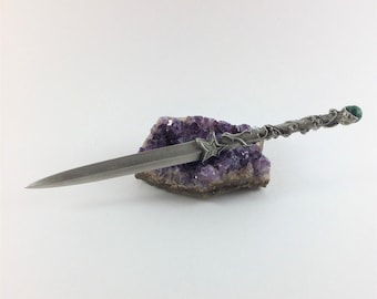 Pewter Celestial Star Athame - Genuine Green Malachite & Crystals