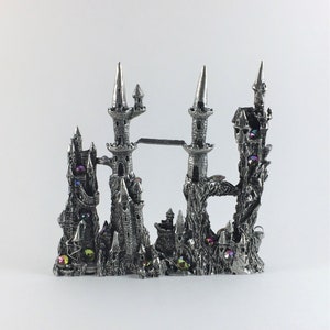 Tall Pewter Twin Castles with Bridge and Many Colorful Crystals