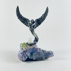 Pewter FAIRY GODDESS with Crystal Accent and Sparkling Wings on Amethyst Aura Cluster