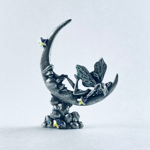 Pewter Fairy on Crescent Moon with Sparkling Wings