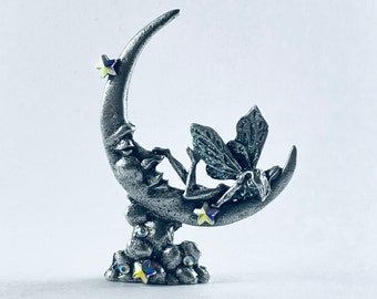 Pewter Fairy on Crescent Moon with Sparkling Wings