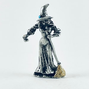 Pewter Witch with Broom, Potion Bottle, and Crystals