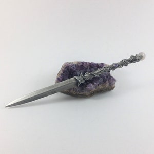 Pewter Celestial Star Athame - Genuine Pink Rose Quartz & Iridescent Crystals