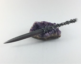 Pewter Celestial Star Athame - Genuine Rock Crystal & Clear Crystal Accents