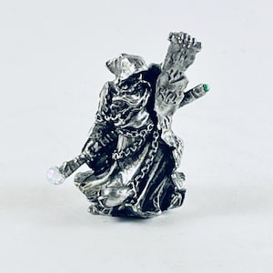 Pewter Wizard with Scroll, Staff, and Crystals