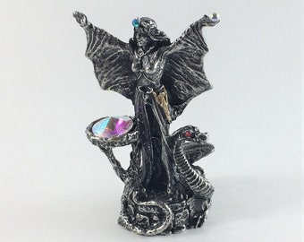 Pewter Enchanted Sorceress with Dragon and Crystals