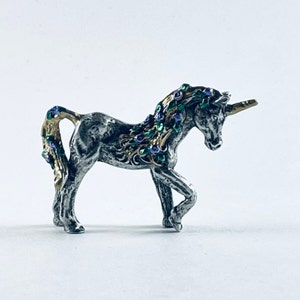 Pewter Floral Unicorn with Golden Horn and Purple Roses