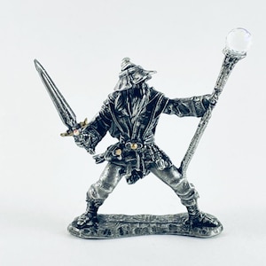 Pewter Wizard with Sword and Staff Topped with Crystal Fireball