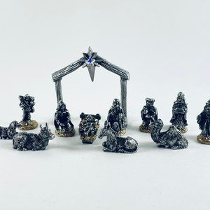 Miniature 11 Piece Pewter NATIVITY SET with MANGER and Crystals
