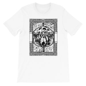 May include: White t-shirt featuring a black and white graphic design. The design includes the text "THE ORSTER QUAD SILLA" and "SANTA SANGRIA" with an illustration of riders on horseback. The design is framed by an ornate border.