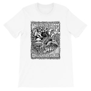 May include: White t-shirt with a black and white graphic print of a psychedelic design. The design includes the text "Who stole the tarts? Gorbs Runaway Sadness".