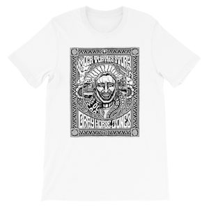 May include: Black and white graphic t-shirt design featuring a man with a beard and mustache, a psychedelic background, and the text "The Mock Turtles Story Gray Horse Jones".