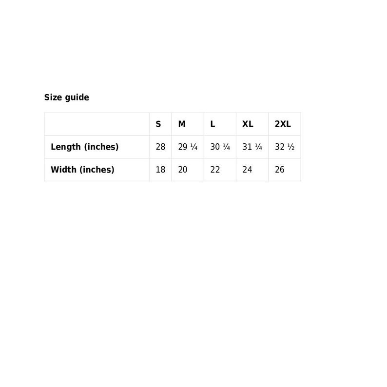 May include: Size guide chart for a garment with measurements in inches for length and width. The sizes are S, M, L, XL, and 2XL.