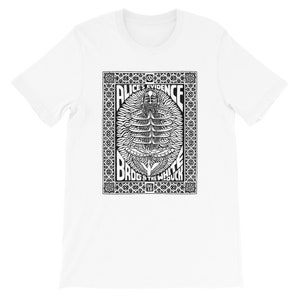 May include: A white t-shirt with a black and white graphic print of a person with a crown and the text "Alice's Evidence Brog & The White Witch".