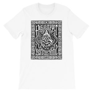 May include: A white t-shirt with a black and white graphic print of a skull with a crown and the text "Pig and Pepper Hard Luck Animal".