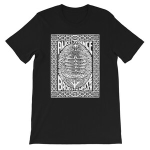 May include: Black t-shirt with a white graphic print of a stylized image of a person with a beard and the text "Alice's Evidence Brog & The White Duck 06 18"
