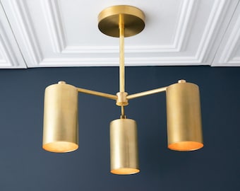 Raw Brass Chandelier - Can Lights - Art Deco Fixture - Ceiling Fixtures - 3 bulb - Accent Light - Dimmable - Chandelier - Model No. 3815