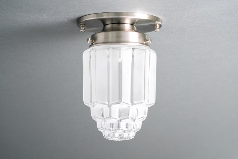 Modern Art Deco Skyscraper Shade Hallway Lighting Ceiling Light Light Fixture Model No. 8895 Brushed Nickel