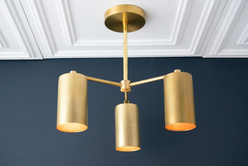Raw Brass Chandelier Can Lights Art Deco Fixture Ceiling Fixtures 3 bulb Accent Light Dimmable Chandelier Model No. 3815 Raw Brass