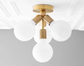 Flush Mount Globe Light - Brass Fixture - White Globe - Ceiling Lights - Flush Mount Light - Globe Fixture - Model No. 7605