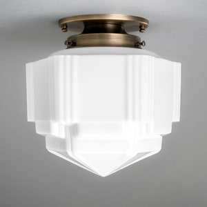 Art Deco Lighting 8.5in Milk Glass Shade Art Deco Flush Ceiling Light Lighting Model No. 1822 Antique Brass