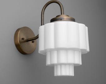 Sconce Light-Art Deco Sconce-Opal Glass Lamp-Antique Brass Light - Model No. 1095