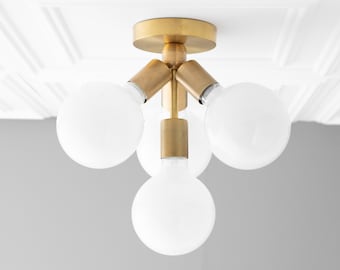 Flush Mount Globe Light - Brass Fixture - White Globe - Ceiling Lights - Flush Mount Light - Globe Fixture - Model No. 7605