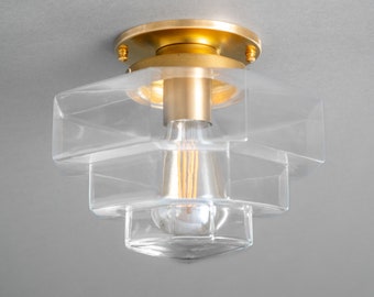 Art Deco - Clear Glass Shade - Art Deco Lighting - Flush Mount Light - Brass Ceiling Light - Deco Light - Light Fixture - Model No. 8273